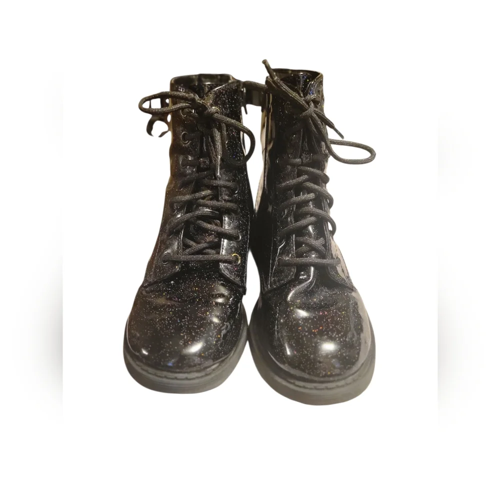Little Girl's Black Faux Leather Zip-Up Casual Glitter Ankle Combat Boots, Sz 3